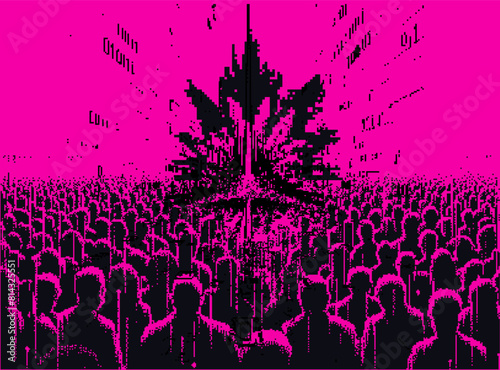Pixel art illustration depicting a human crowd standing in front of an explosion against a neon pink sky. A conceptual representation of a dystopian future.