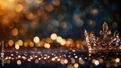 Golden crown with jewels on glittering background bokeh effects photo