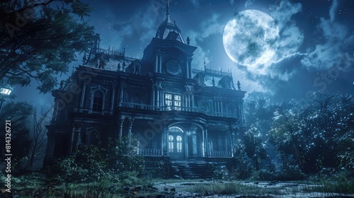 Spooky Haunted House with a Full Moon Sky. Eerie Halloween Background with a Derelict Mansion