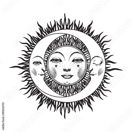 Sun with face and two crescents, moon phases, eclipse symbol, astrological boho tattoo for witch. Modern hand drawn icon for zodiac and horoscope, Vintage vector logo. © Tanya