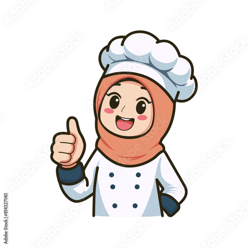 happy chef hijab shows thumb up vector illustration template design. cute cartoon character.