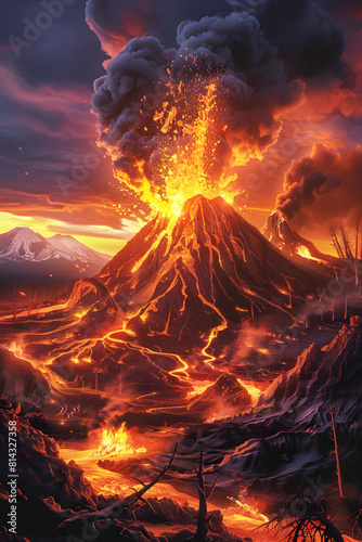 Majestic Display of Nature's Power: Fiery Volcano Eruption and Lava Flow at Night