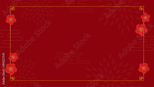 Chinese frame border decoration with flower on red Chinese pattern background. Space for your text. Vector illustration.