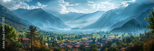 mountain and village landscape, view from a height realistic nature and landscape #814327582