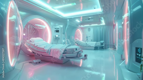 Closeup of Creative fantastic of medical, illustrating futuristic healing pods that glow with healthenhancing light, against a pastel styles hospital scene, sharpen Cinematic Look photo