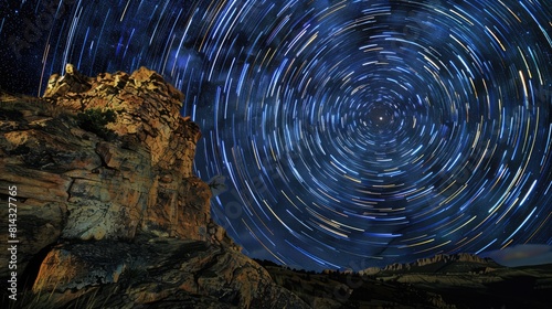 Star trails over the Black Rocks  an unconformity of Vishnu schist  at Moore Bottom in Ruby Canyon  Colorado