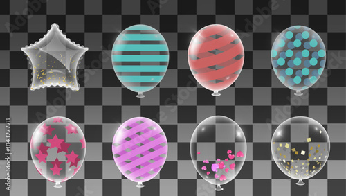 Set of realistic balloons with confetti and ribbons. Vector illustration.