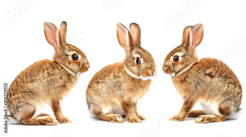  Set of three brown rabbits  close-up  seated  side view   animal bundle isolated with transparent background  against a blank white backdrop 