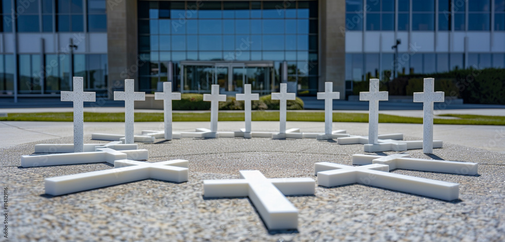 Contemporary memorial crosses with minimalist design, arranged in a circular formation in front of a corporate headquarters, symbolizing unity and remembrance.
