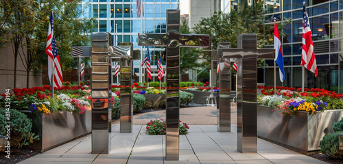 Contemporary memorial crosses with sleek, stainless steel construction, standing in silent tribute in a corporate courtyard adorned with flags and flowers.