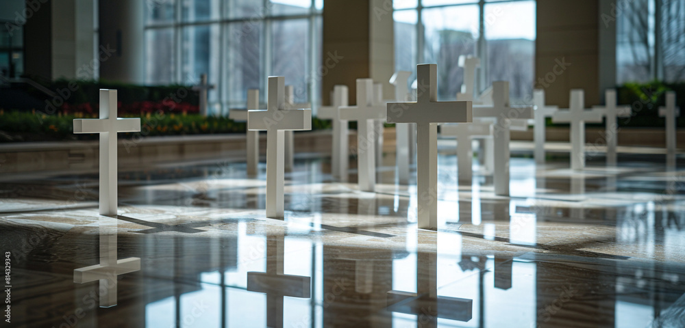 Memorial crosses with clean, geometric design, arranged in a corporate plaza with precision and reverence, symbolizing the courage and sacrifice of fallen soldiers.