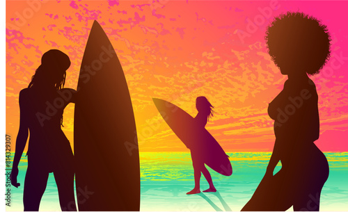 surfistas, contraluz, vector, tabla, surf, mar, atardecer, mujer surfista, silueta, tablista, ilustracion, arte surf, rosa, surfista en la playa, chica surf, mujer