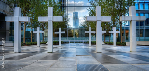 Memorial crosses with clean, geometric design, arranged in a corporate plaza with precision and reverence, symbolizing the courage and sacrifice of fallen soldiers.