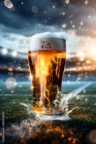 Glass with lager foamy beer on grass at soccer  stadium. Game and drink, sports fan. Watch football or rugby match with friends. World championship cup. Super Bowl. Banner with copy space photo