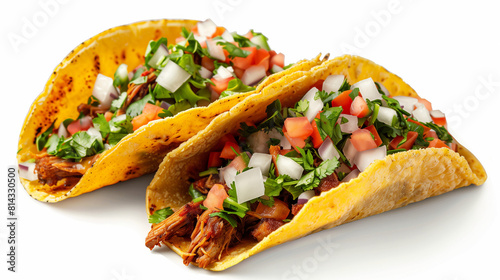 "Assortment of Mexican tacos al pastor (side and top view), isolated on white background, with blank white backdrop"