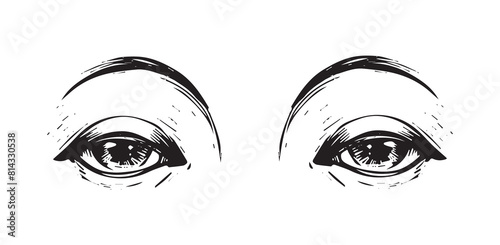 Women s eyes engraving, vintage drawing. Vector outline hand drawing for logo, cosmetology. Engraving isolated on a white background. © Tanya