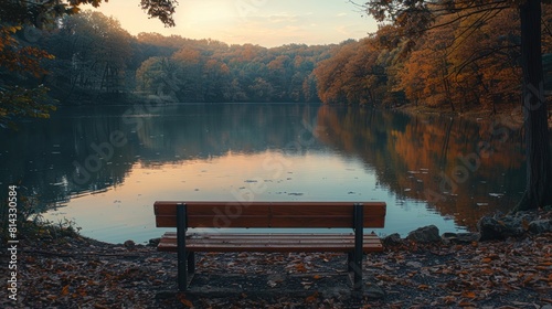 Frame a minimalist shot of a solitary bench overlooking a peaceful lake, where solitude and serenity abound. photo