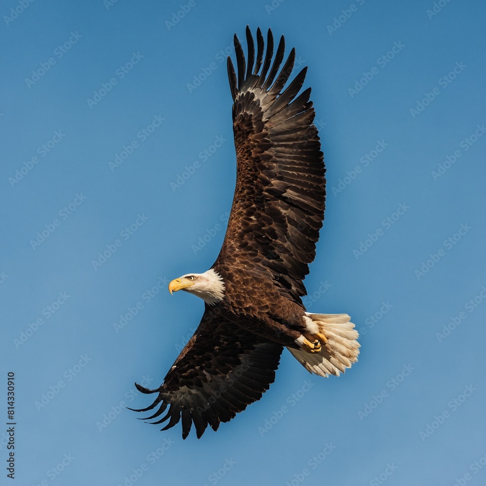 Fototapeta premium Commemorate National Camera Day with a breathtaking shot of a majestic bald eagle soaring through a clear blue sky.