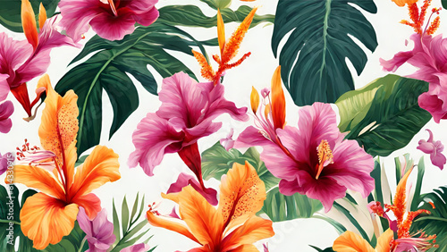 Seamless Pattern of Exotic Hibiscus  Bird of Paradise  and Orchids