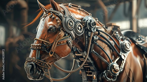 A wonderful horse portrait of an attractive steampunk style. Animals that are mechanical cyber creatures, AI technology is born.