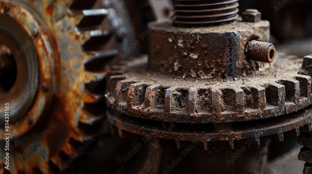 Metal gears in well-used machinery Close-up still life with beautiful textures and shapes. Beautiful gear wheel details