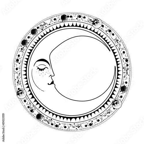 Crescent moon with face, celestial line tattoo, black and white logo, vintage engraving of zodiac symbol, astrology. Hand drawn vector illustration isolated on white background. © Tanya