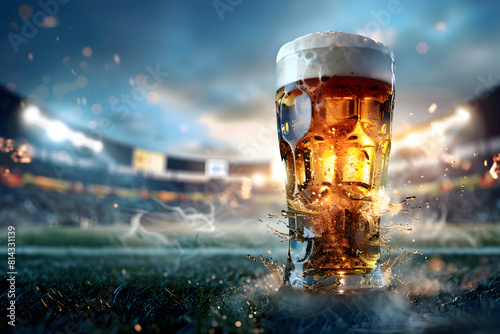 Glass with lager foamy beer on grass at soccer stadium. Game and drink, sports fan. Watch football or rugby match with friends. World championship cup. Super Bowl. Banner with copy space