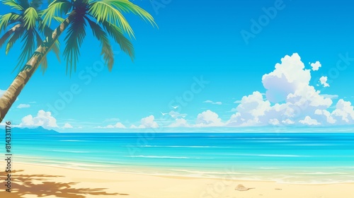 Serene tropical beach landscape with seashells and driftwood