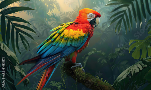 A colorful macaw on a branch amid berries with a warm bokeh background. Generate AI © VinaAmeliaGRPHIC
