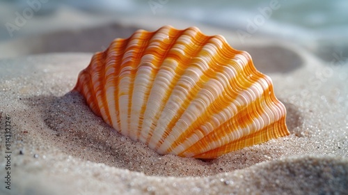 Highlight the simple elegance of a single seashell resting on a bed of sand, whispering secrets of the ocean's depths.