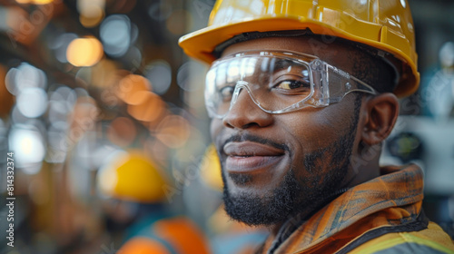 Portrait of a happy African American industrial worker wearing safety helmet and goggles at a manufacturing plant. © khonkangrua