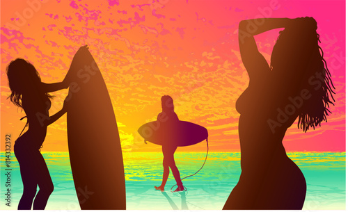 surfistas, contraluz, vector, tabla, surf, mar, atardecer, mujer surfista, silueta, tablista, ilustracion, arte surf, rosa, surfista en la playa, chica surf, mujer