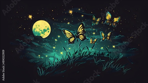 Enchanting Fireflies Dancing in the Moonlit Night Vibrant Synthwave Inspired Landscape photo
