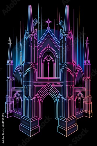 Futuristic Blueprint of a Majestic Gothic Cathedral in Vibrant Synthwave Tones