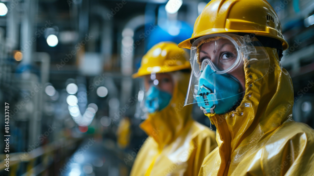 Two industrial workers in yellow protective suits and respirators in a factory setting focus on safety standards. Two industrial workers in yellow protective suits and respirators in a factory setting focus on safety standards.