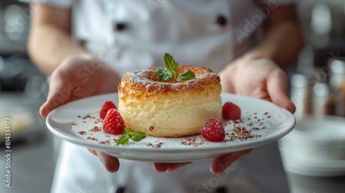 A chef holding a cake starwberry photo