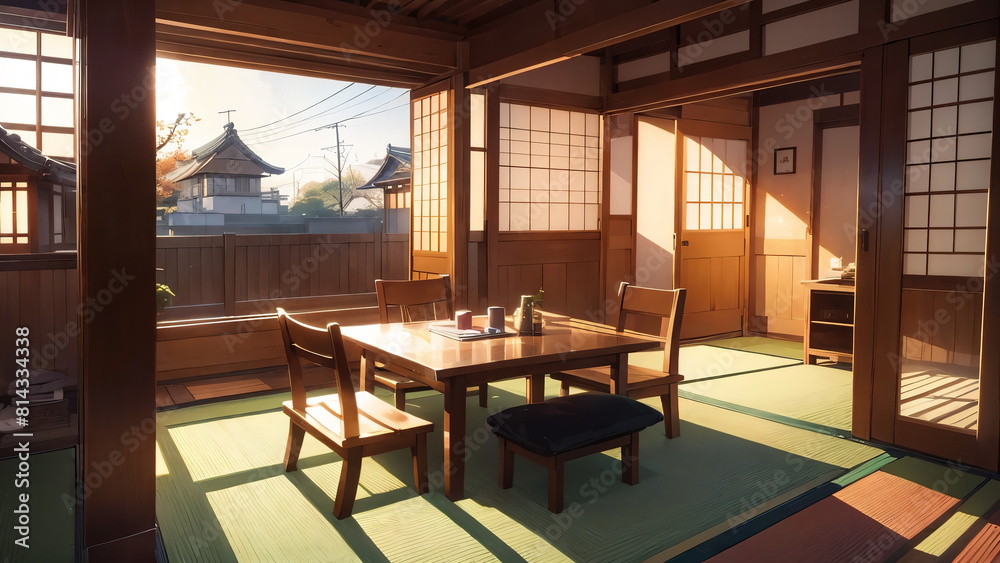 Lofi room, beautiful chill, atmospheric wallpaper. background. lo-fi, traditional japan house. Anime and manga style.