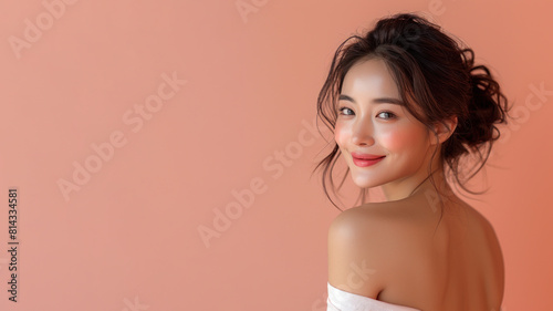 Korean smiling woman in strapless dress, stylish beauty fashion model