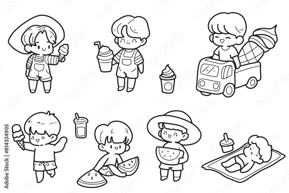 kids Summer, beach travel, sea play equipment cute hand drawn simple lines kids Summer, beach travel, sea play equipment cute hand drawn simple lines