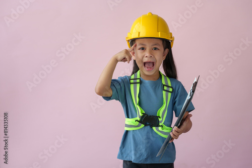 A little girl in a construction helmet and repair equipment Improving the premises About redevelopment, perspective ideas, planning, house design, architects, engineers, future careers. photo