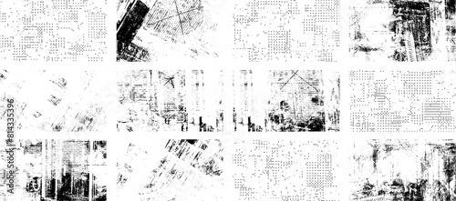 Overlay textures set stamp with grunge effect. Old damage Dirty grainy and scratches. Set of different distressed black grain texture. Distress overlay vector textures.	