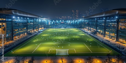 An overhead shot of the newly built indoor large-scale dynamic youthful creative football stadium.   Dynamic 4K Wallpaper of Newly Built Indoor Football Field with Vibrant Atmosphere. A Sports Arena for