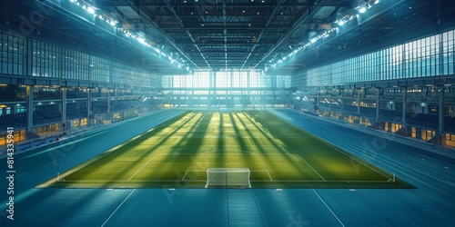 An overhead shot of the newly built indoor large-scale dynamic youthful creative football stadium.，Dynamic 4K Wallpaper of Newly Built Indoor Football Field with Vibrant Atmosphere. A Sports Arena for