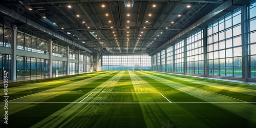 An overhead shot of the newly built indoor large-scale dynamic youthful creative football stadium.   Dynamic 4K Wallpaper of Newly Built Indoor Football Field with Vibrant Atmosphere. A Sports Arena for