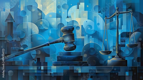 An abstract composition of legal symbols like scales and gavels, set against a blue and grey gradient for a professional look