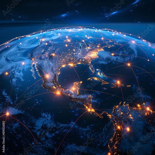 An abstract representation of the Earth with glowing trade routes and digital elements, perfect for global economy discussions