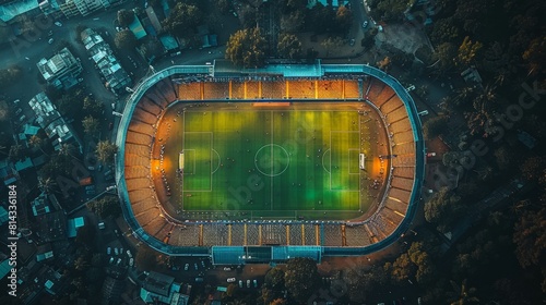 An overhead shot of the newly built indoor large-scale dynamic youthful creative football stadium.   Dynamic 4K Wallpaper of Newly Built Indoor Football Field with Vibrant Atmosphere. A Sports Arena for