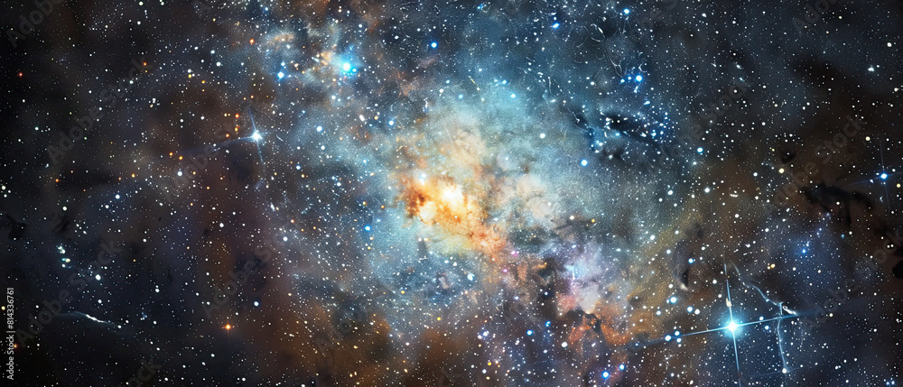 Naklejka premium Stunning image of the Triangulum Galaxy with vibrant star clusters and interstellar clouds, highlighting the galaxy's dynamic structure.