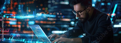 Data scientist, Programmer using laptop analyzing financial data on futuristic virtual interface. Algorithm. Global business development, strategy and © Khalif