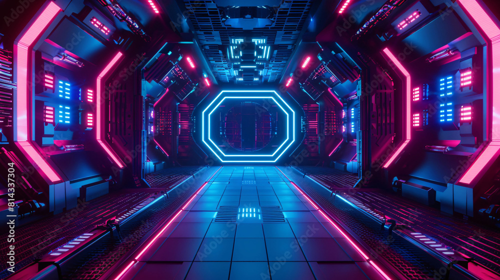 Fototapeta premium 3D rendering of sci-fi stretch background with geometric tunnel and neon lines, 3d rendering concept illustration